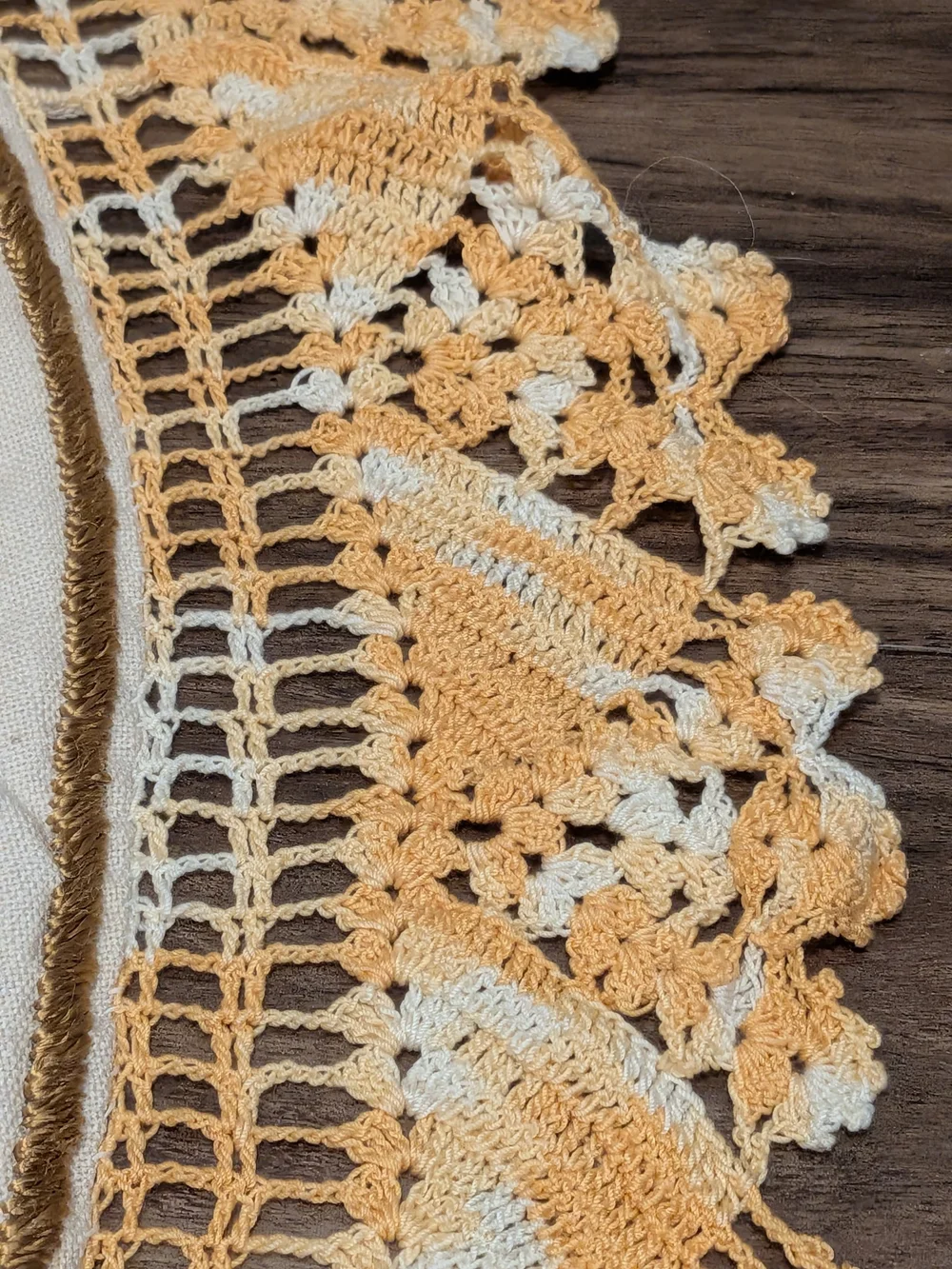 Vintage Handmade Round Wheat Embroidered Table Cloth, Gold & Yellow Crochet Edge